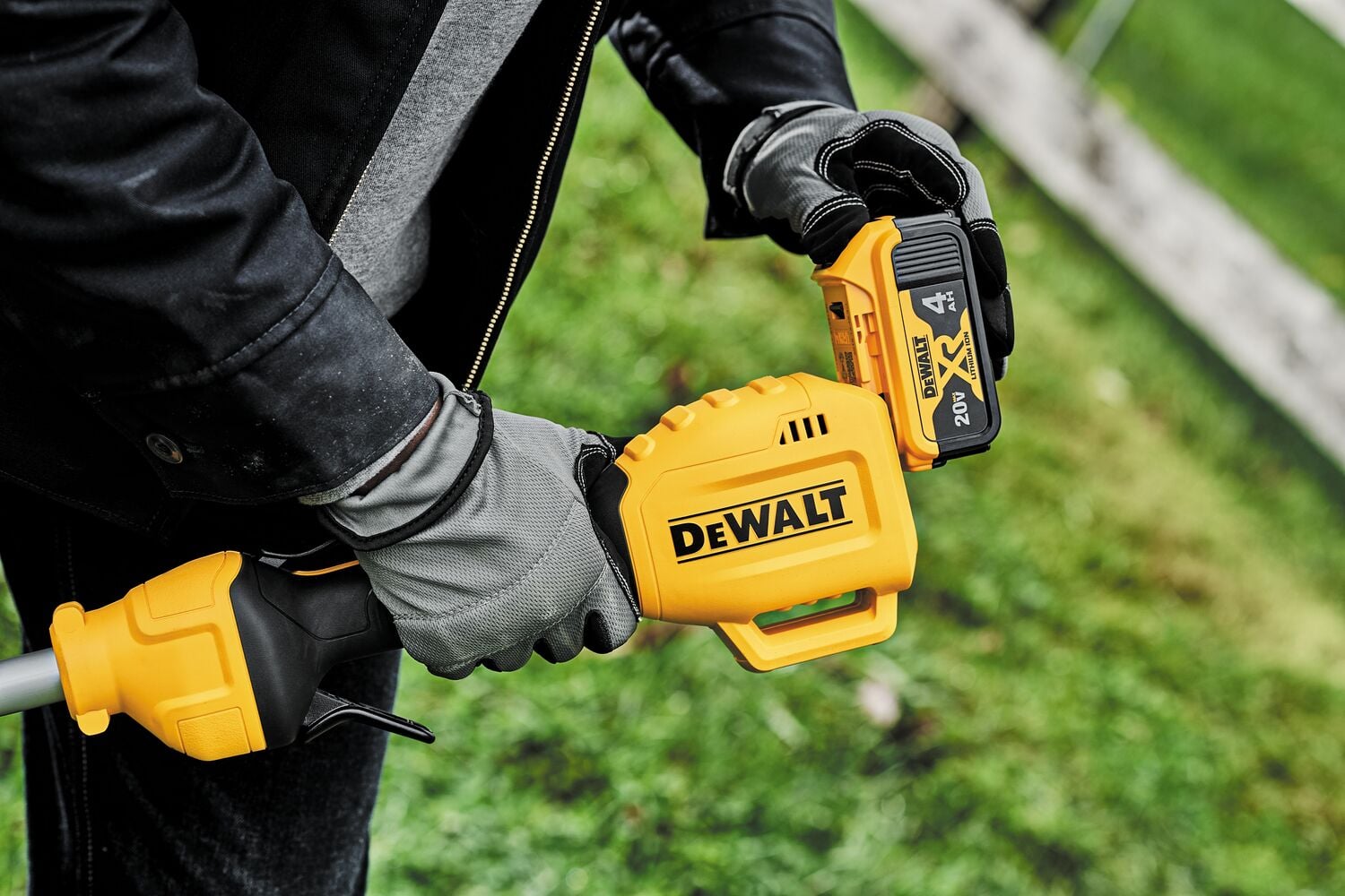 close up of Cordless String Trimmer with battery.