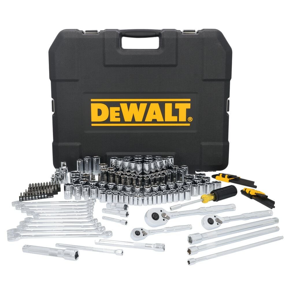 A comprehensive DEWALT socket and tool set displayed in front of a black carrying case with the DEWALT logo. The set includes various sockets, wrenches, ratchets, screwdriver bits, extensions, and other hand tools.