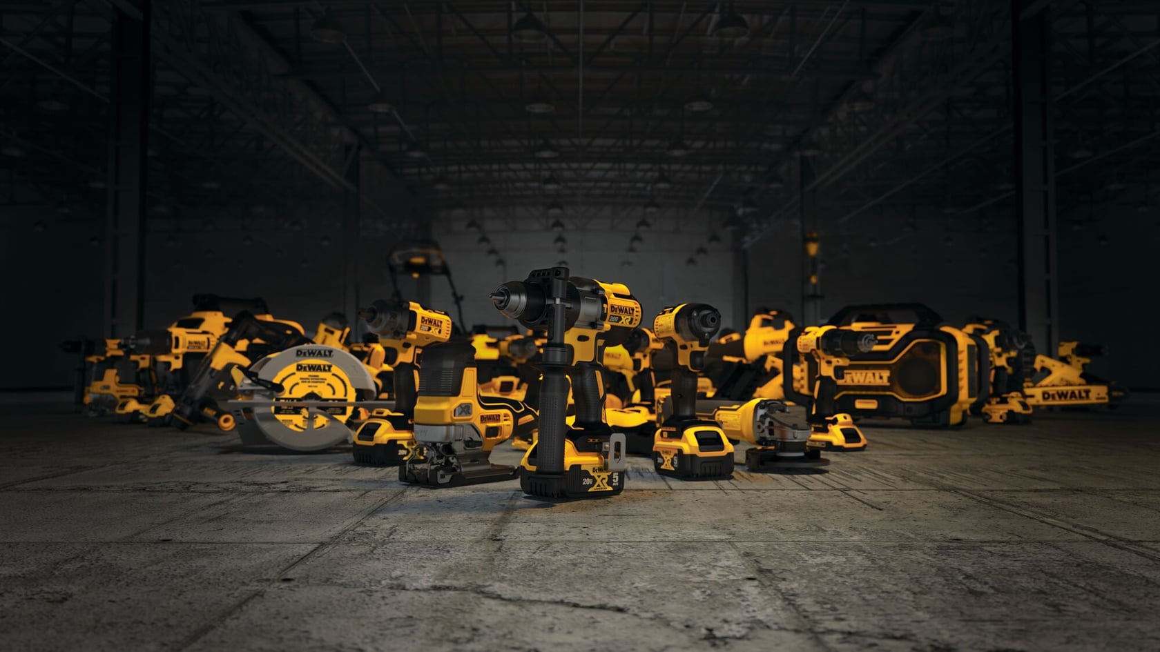 A collection of yellow and black DEWALT 20V power tools displayed on a warehouse floor, including drills, saws, and toolboxes.