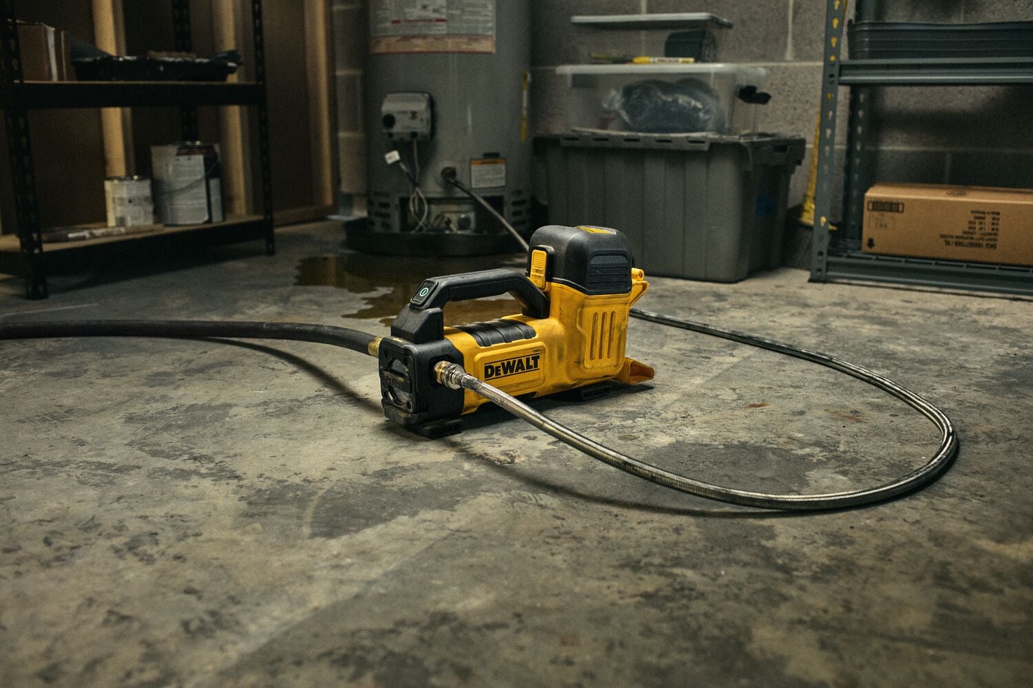 DEWALT Transfer Pump in basement connected to a water heater.