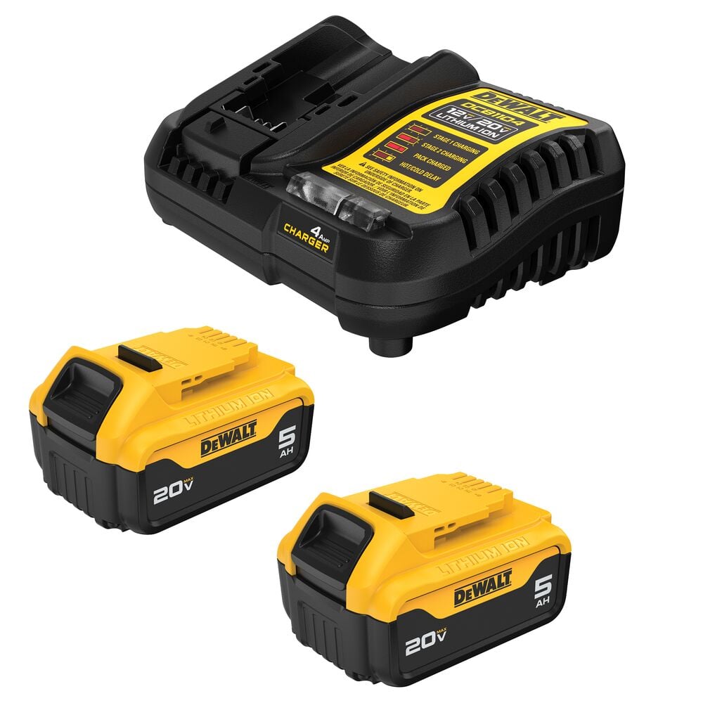 DEWALT product set including a 20V lithium-ion battery charger and two 20V 5Ah lithium-ion batteries, designed for power tools. The charger is black with yellow labeling, and the batteries are yellow and black with visible DEWALT branding.