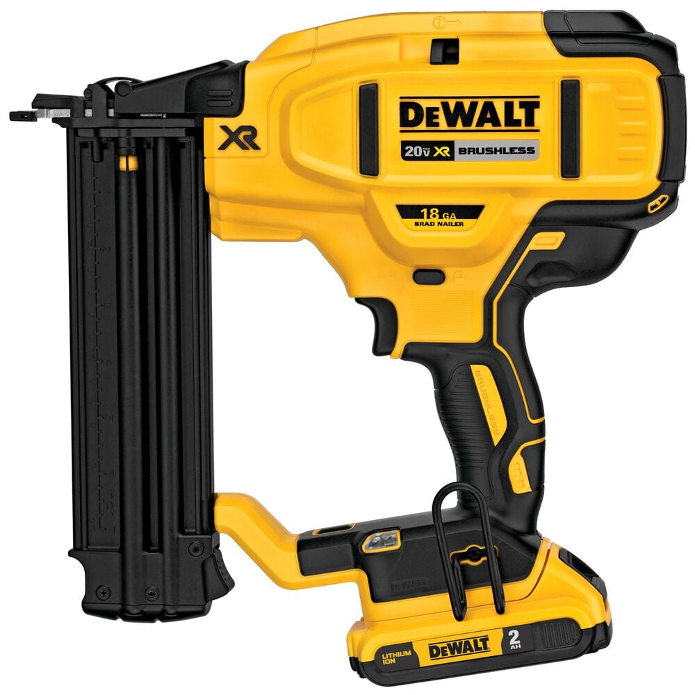 A yellow and black DEWALT 20V XR cordless brushless 18 gauge brad nailer tool, with a lithium ion battery attached at the base.