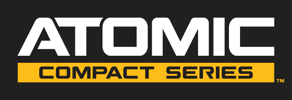 Logo for the ATOMIC COMPACT SERIES by DEWALT, featuring bold white and yellow text on a black background.