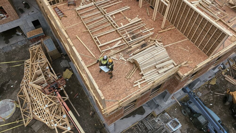 An aerial view of a framing jobsite