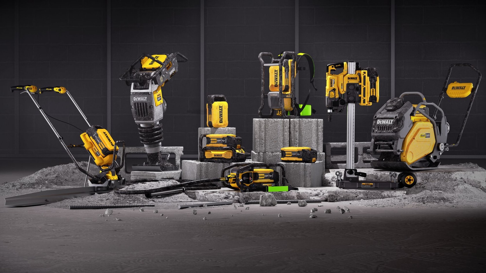 A selection of DEWALT construction tools and equipment arranged on a concrete surface. The tools include various power tools, saws, breakers, and machinery, all predominantly yellow and black in color, displayed against a dark background.