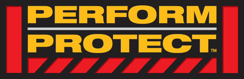 DEWALT Perform Protect logo with yellow text on a black and red rectangular background featuring diagonal red stripes.