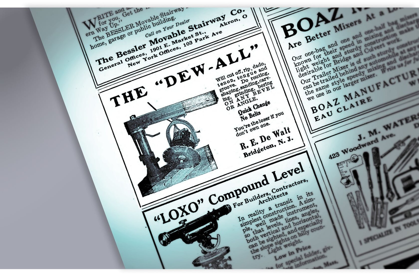 Image of original newspaper with the "DEW-ALL" by Raymond DeWalt