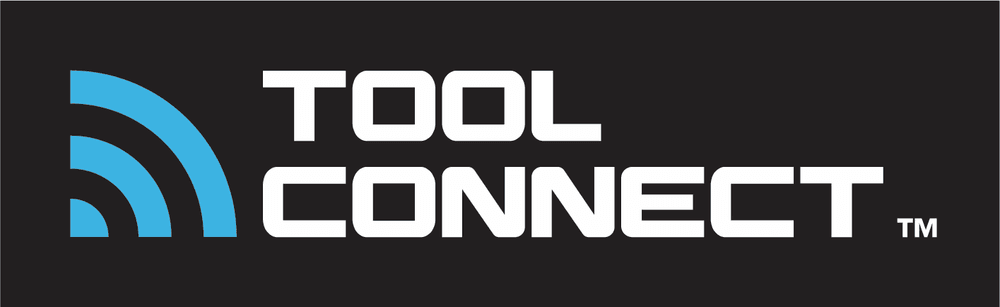 Logo for Tool Connect, featuring stylized blue wireless signal waves and white text on a black background.